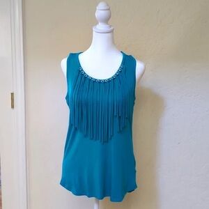 Michael Kors Tile Blue Silver Grommet Fringe Tank Top Size XL EUC